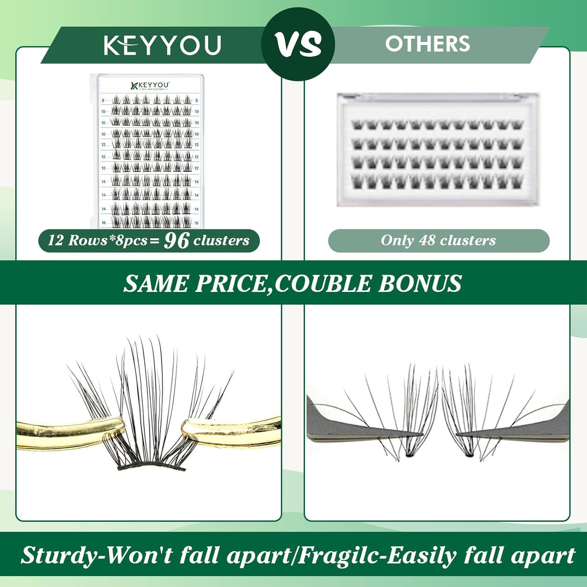 KEYYOU Volume Wispy Lash Extension 96pcs Individual D Curl 16mm Brown Eyelash Clusters Soft&Comfortable Easy DIY at Home