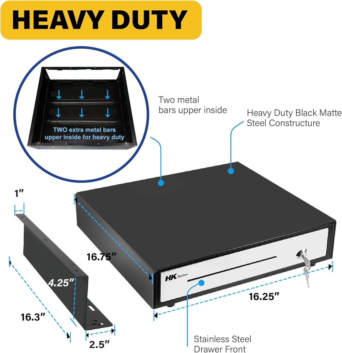 HK SYSTEMS 16" Heavy Duty Black "Push" Open Cash Drawer, 5B5C with Under Counter Mounting Metal bracket