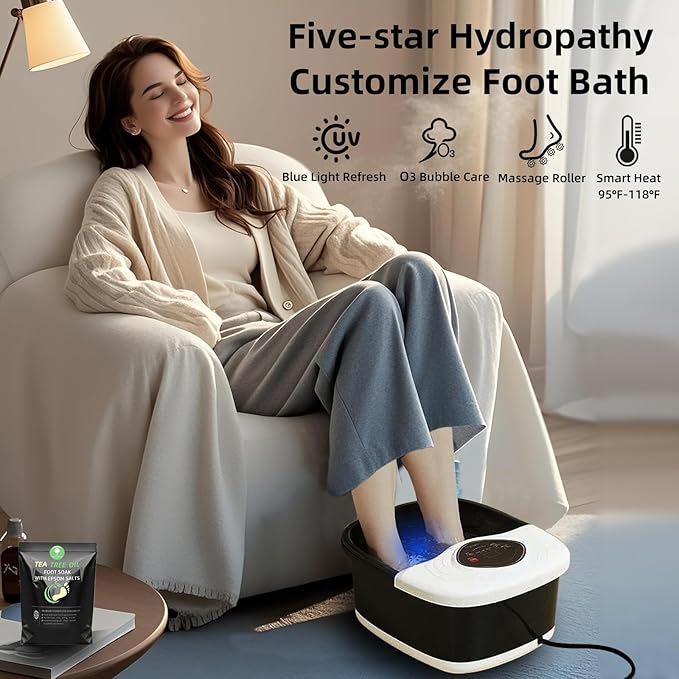Foot Spa Bath Massager with Heat, Shiatsu Rollers, UV & Ozone Bubbles - Includes Tea Tree Oil Epsom Salt, Relieves Stress and Foot Pain - Home Pedicure Gift for Women/Men, Mom/Dad