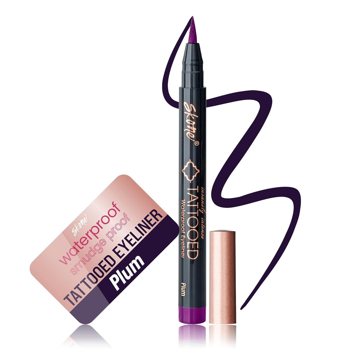 Skone Waterproof Liquid Eyeliner - Long Lasting & Smudge Proof - Insanely Intense Tattooed Eyeliner Pen with Felt Tip Applicator - Plum Black (0.07oz)