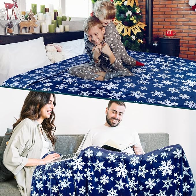 PAVILIA Christmas Throw Blanket | Navy Snowflake Christmas Fleece Blanket | Soft, Plush, Warm Winter Cabin Throw, Twin 60x80 (Navy/White Snowflake)