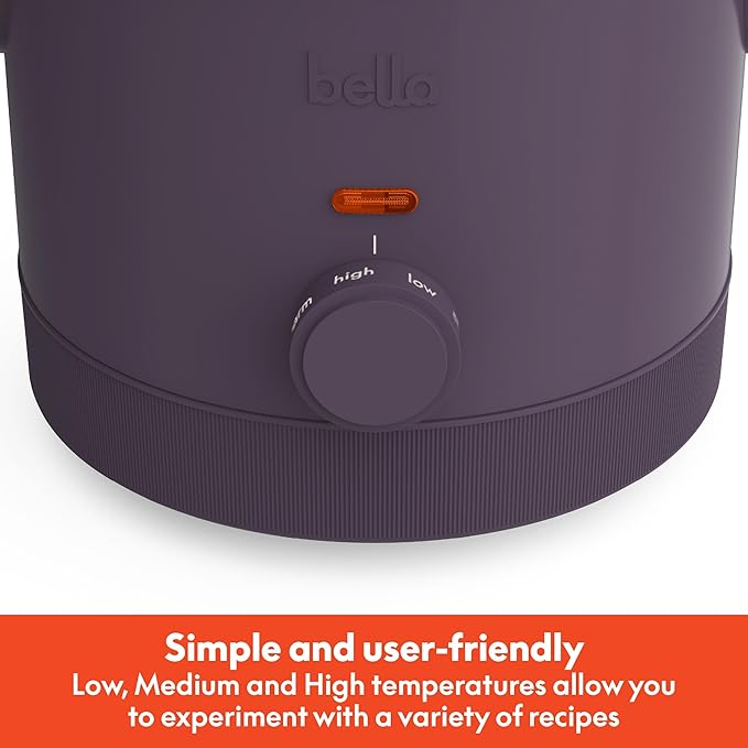 bella 1.5 Qt Slow Cooker with 3 Heat Manual Control, EverGood™ Ceramic Nonstick Coating, Dishwasher Safe Stoneware Pot and Tempered Glass Lid, Tangle Free Cord Wrap & Cool Touch Handles, Plum