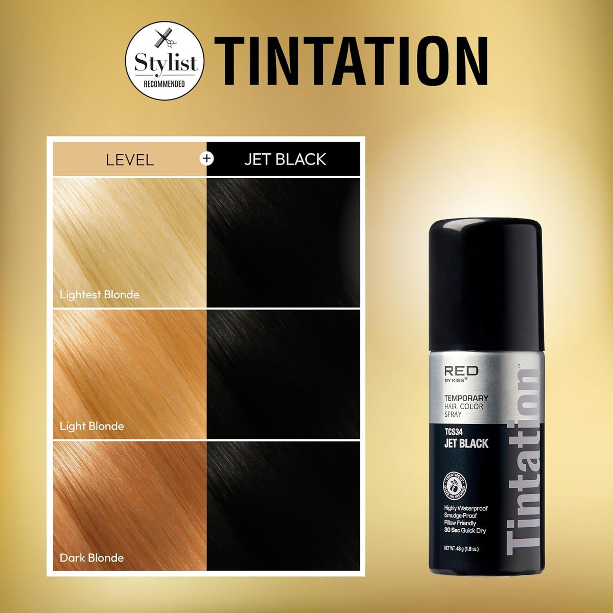 RED by Kiss 1.5OZ. Tintation Temporary Hair Color Spray, Instant Gray Root Cover Up, Water-Resistant, Smudge-Proof, Hairline & Barber Touch-Up, Quick Dry, Travel Size Spray (Jet Black)