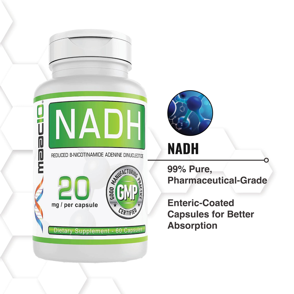 MAAC10 NADH Supplement 20mg Each 60 Capsules for Energy, Fatigue, Mental Focus & NAD+ Longevity Support | Pharmaceutical Grade 99% Pure NADH