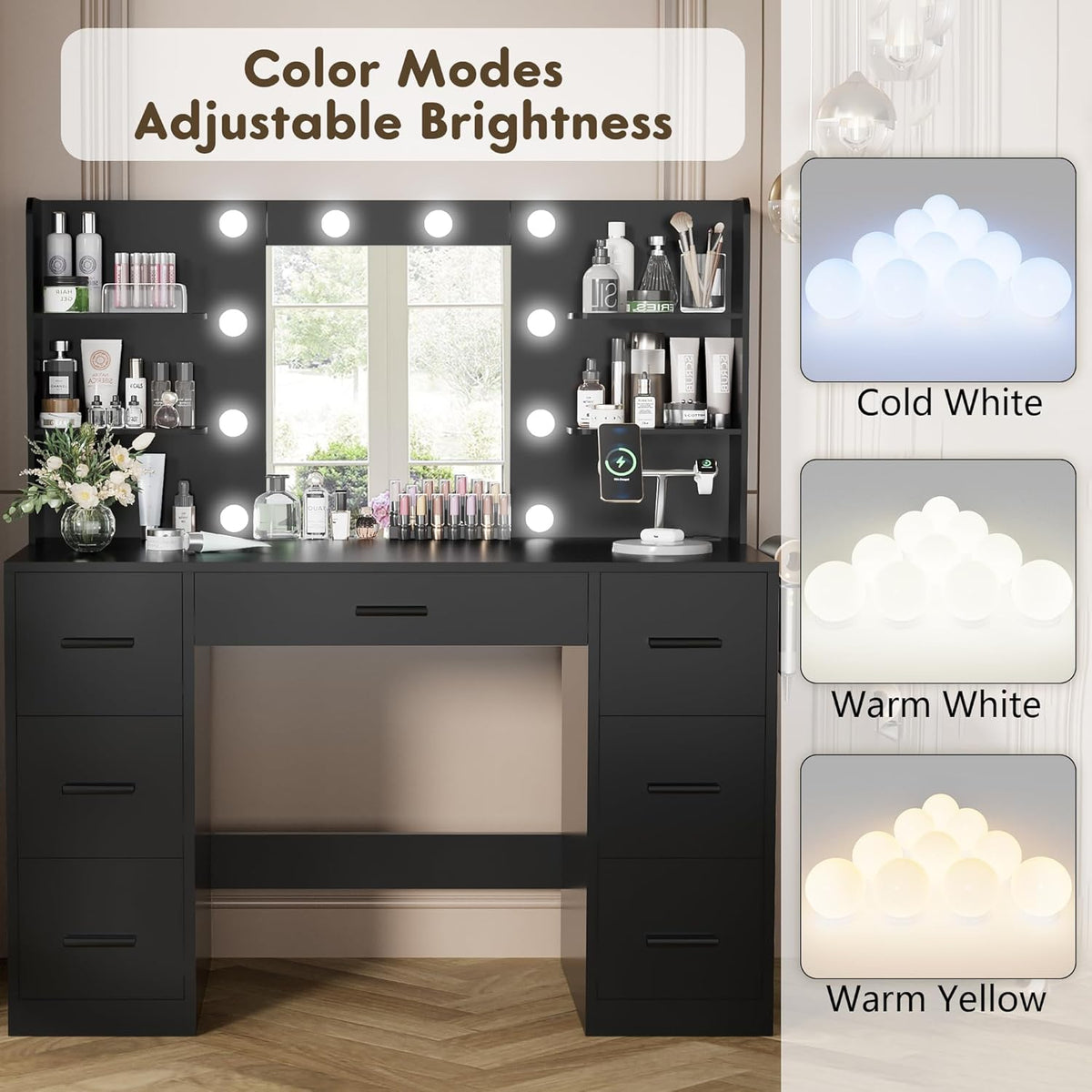 YESHOMY Vanity Desk with Mirror, Power Outlet and 10 Lights, Makeup Table with 7 Drawers, 3 Color Modes Available for Bedroom, Dark Black