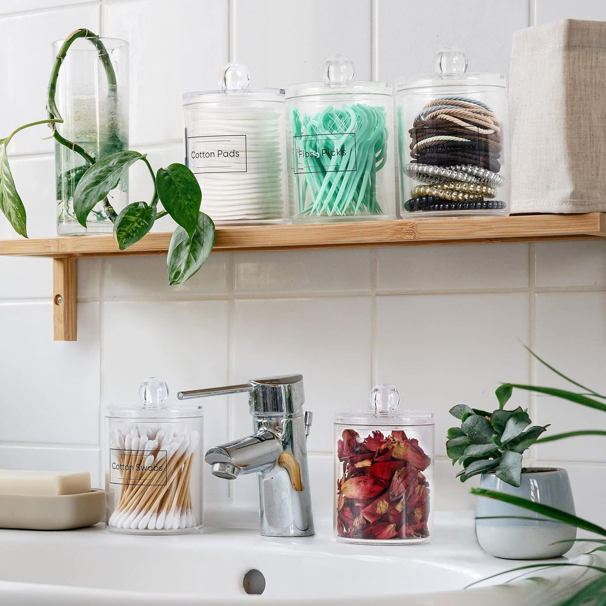 AOZITA 6 Pack Acrylic Qtip Holder Dispenser for Cotton,Swab, Ball, Round Pads, Floss Picks - Clear Plastic Apothecary Jar Set, Bathroom Canister Storage Organization, Vanity Makeup Organizer