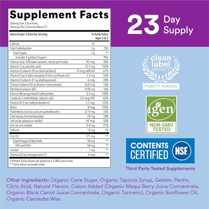 SmartyPants Toddler Multivitamin Gummies: Omega 3 Fish Oil (EPA/DHA), Vitamin D3, C, Vitamin B12, B6, A, K & Zinc, Biotin, Beta Carotene, Gluten Free, Three Fruit Flavors, 70 Count (23 Day Supply)