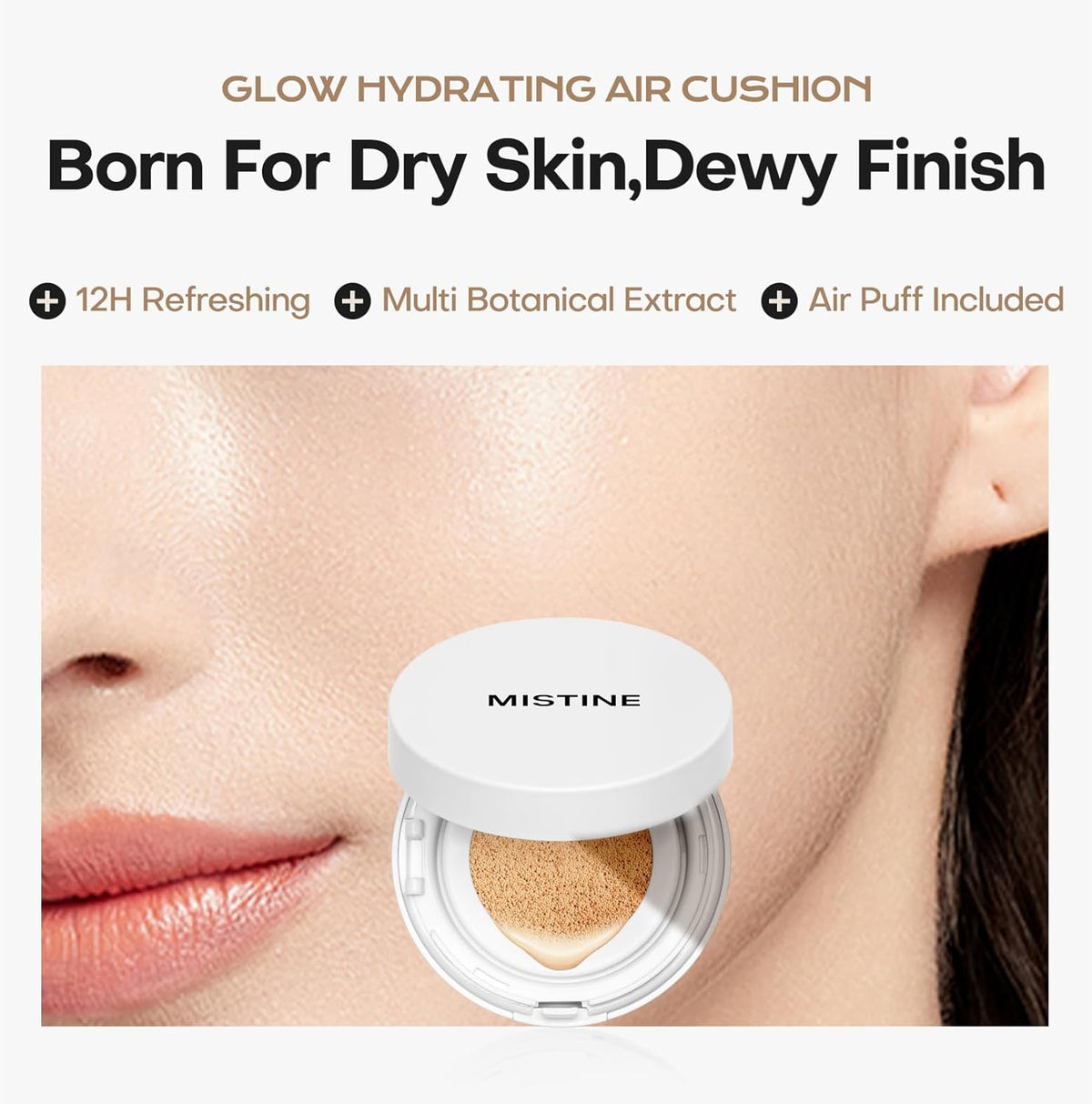 Mistine Tavel Size Air Cushion Foundation Glow Hydrating Finish Medium Coverage Foundation Makeup for Dry Skin,24H Hydrating Long-Lasting Waterproof Smudge Proof, Natural Beige