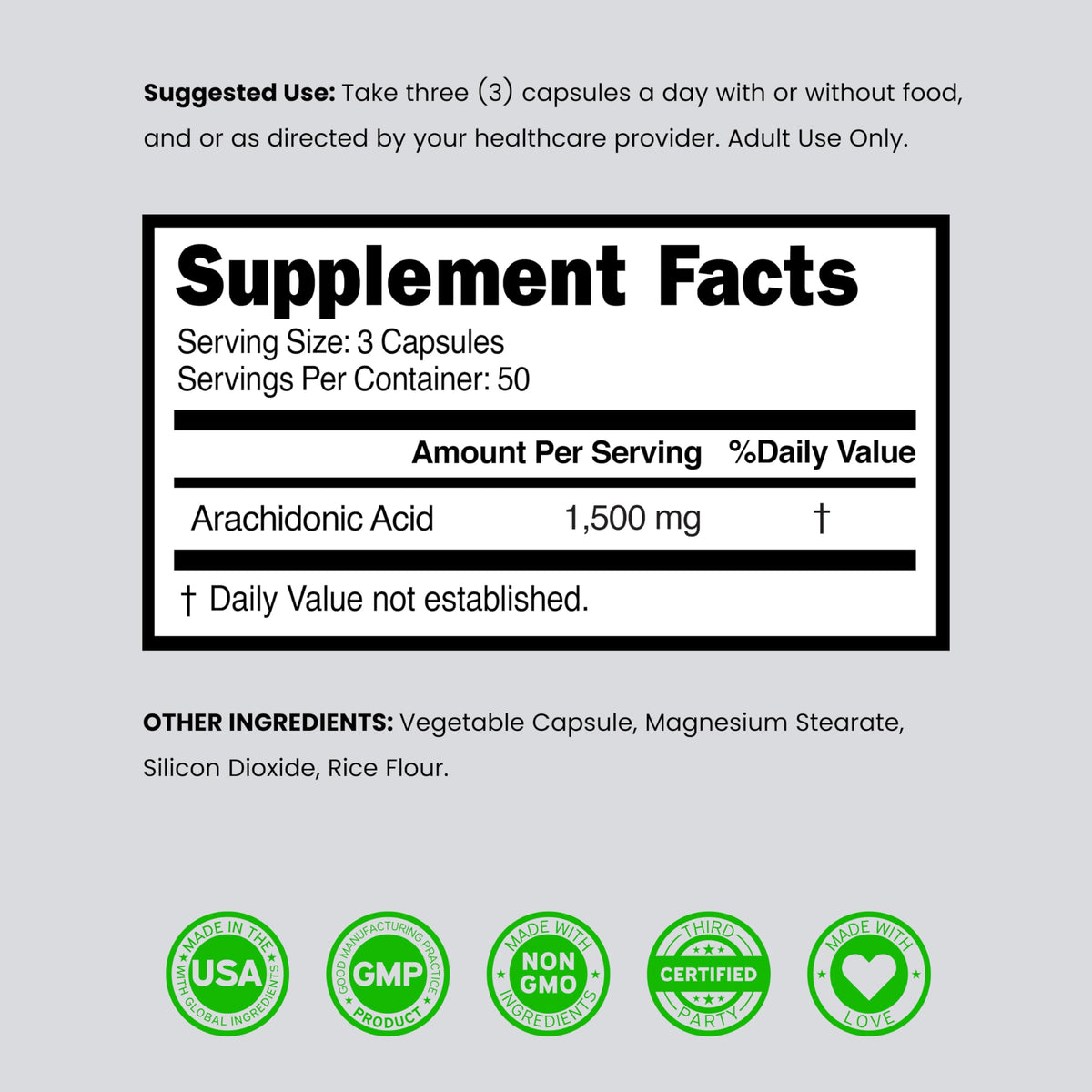 Arachidonic Acid Supplement 1500mg (150 Capsules) - Muscle and Strength Supplement for Muscle Mass & Recovery for Men & Women - Gluten Free & Non-GMO - 3rd Party Tested - (150 Capsules)