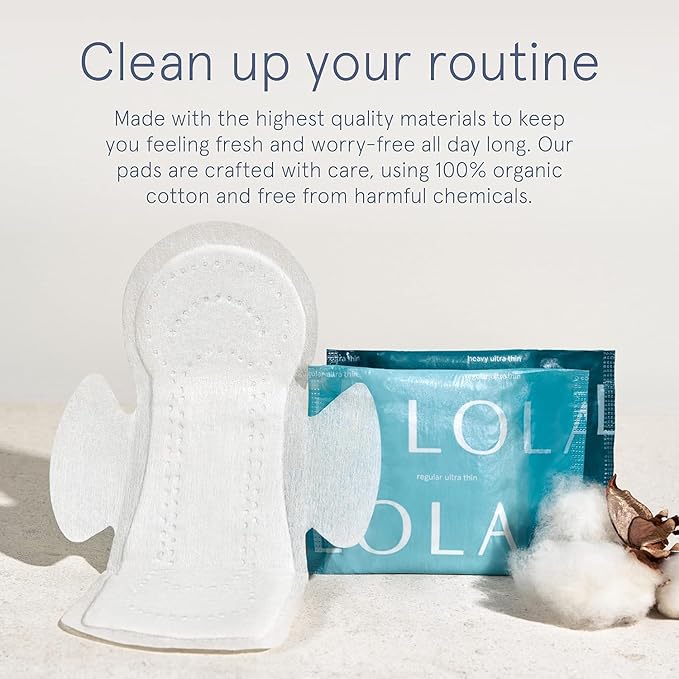 LOLA Organic Cotton Pads, 36 Count - Ultra Thin Pad with Wings, Cotton Organic Pads for Women, HSA FSA Approved Products Feminine Care, Heavy