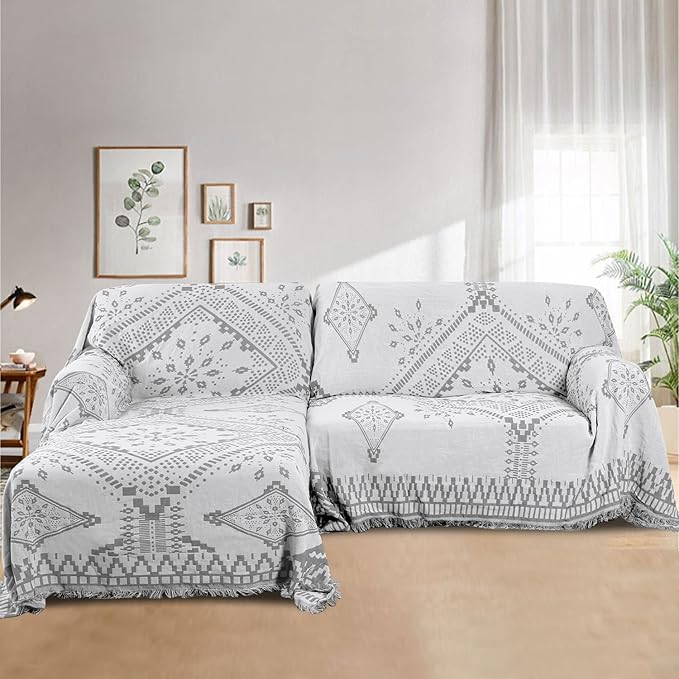 H.VERSAILTEX Reversible Sofa Cover Couch Cover for Dog Sofa Slipcover for Most Shape Sofa Furniture Protector with Tassels Sectional Couch Cover (XX-Large: 91" x 134", Dove Grey/White)