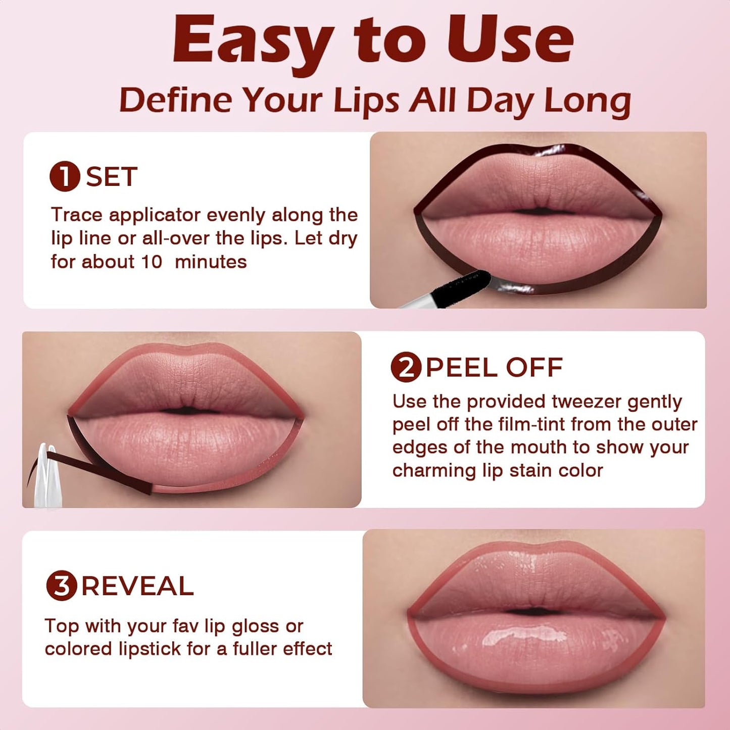 Lip Liner Stain Peel Off with Tweezer, Long Lasting Matte Lip Tattoo, Highly Pigmented Color Lip Makeup, Waterproof, Transfer-proof Lipstain for Women, for All Skin Types 07
