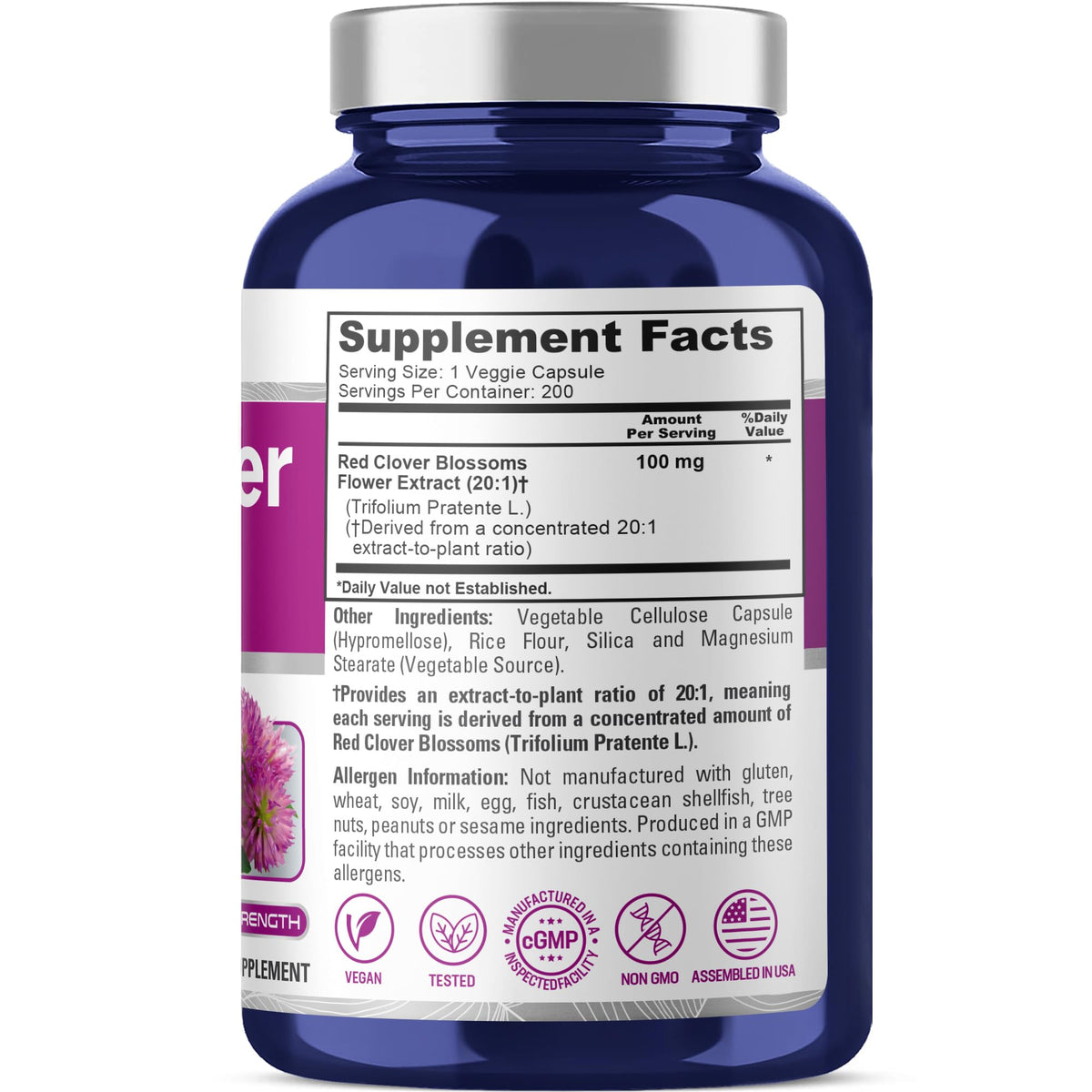 NusaPure Red Clover Blossoms Capsules, 100 mg, 200 Veg Capsules (Non-GMO, Vegan)