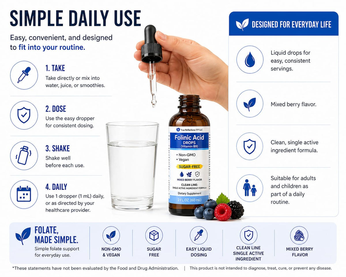 True reflectionz Folinic Acid Drops Kids & Adults - 500mcg Vitamin B9 Liquid Kids 60 mL | Methylation Support Supplement | Bioavailable Folate | Sugar Free, Non-GMO, Vegan | Gentle Methylation