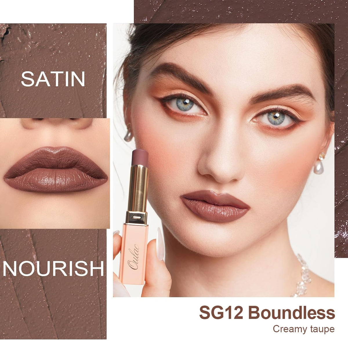 Oulac Color Rich Satin Lipstick - Greyish Brown Full Coverage Lip Color, Creamy Silky-Smooth, Moisturizing, Satin Matte Finish, Infused With Shea Butter, Vegan & Clean Beauty, 4g, SG12 Boundless