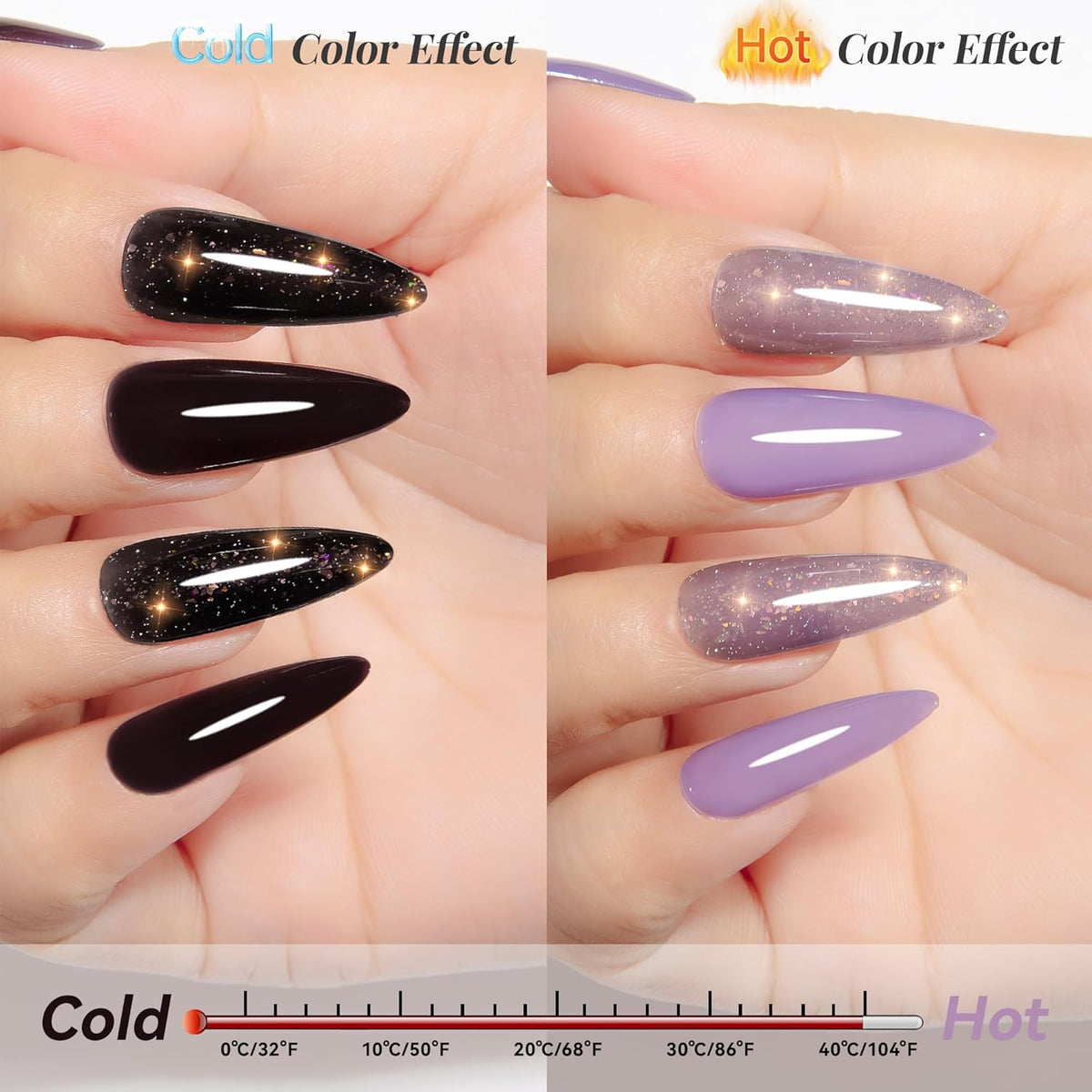 YTD Likomey Color Changing Gel Nail Polish 2 Pcs Set,15ml Grayish Purple to Black Pure Color and Brocade Glitter Kit,Fall Winter Thermal Ombre Change Colors Manicure UV Varnish,2 Pcs 15ml,WB2-05