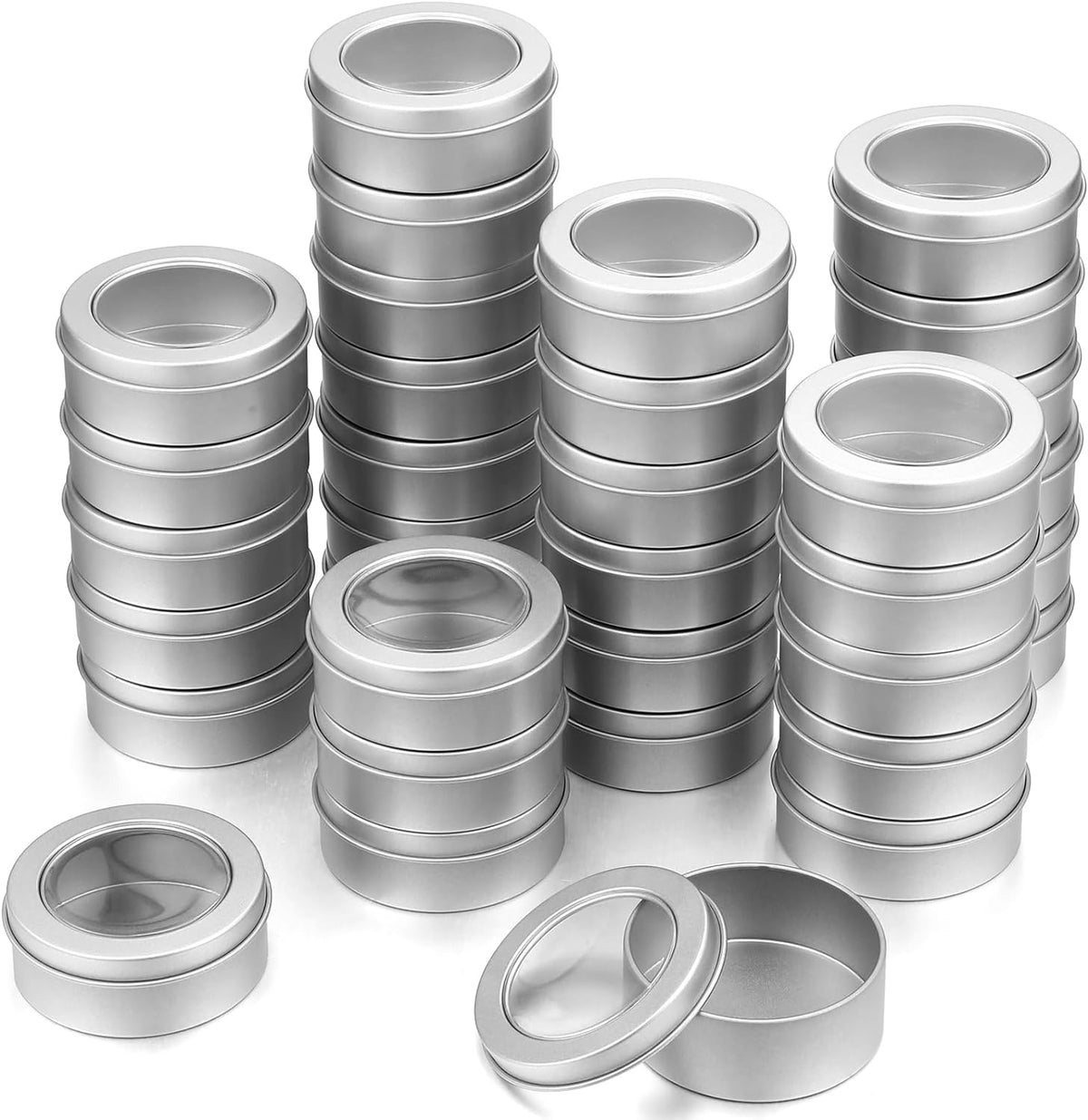 TecUnite 24 Pack 2 Ounce Metal Tin Cans Round Empty Container Salve Tins with Clear Lid for Kitchen, Office, Candles, Candies