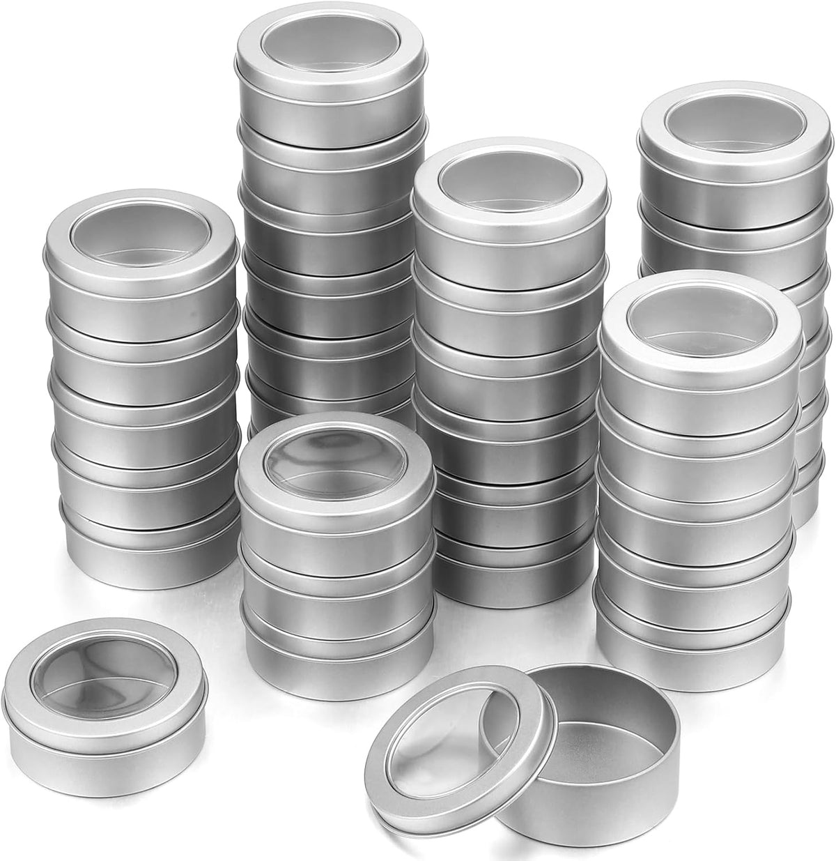 TecUnite 48 Pack 2 Ounce Metal Tin Cans Round Empty Container Salve Tins with Clear Lid for Kitchen, Office, Candles, Candies