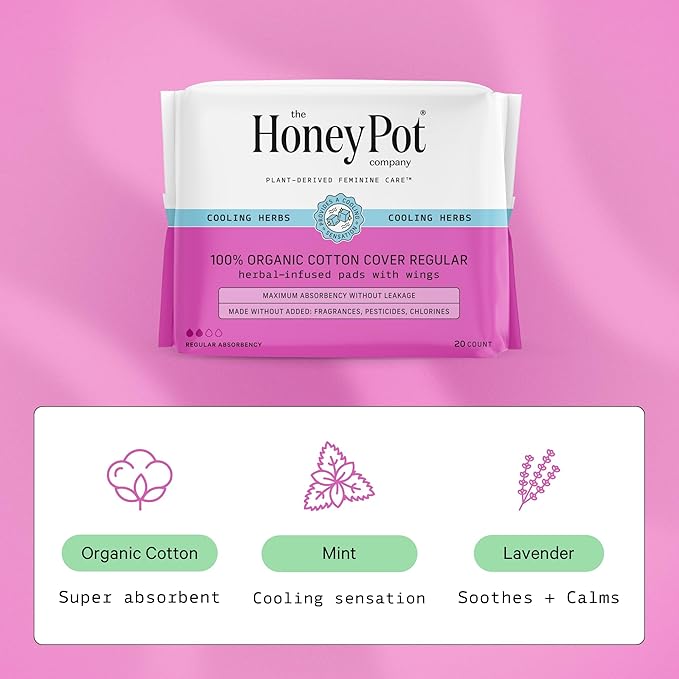 The Honey Pot Company - Herbal Sanitary Pads for Women - Regular Flow w/Wings - Infused w/Essential Oils for Cooling Effect & Organic Cotton Cover - Feminine Care - FSA & HSA - 20 ct