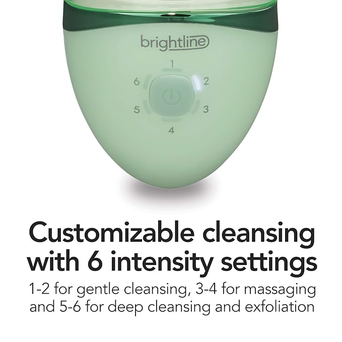 Brightline Sonic Rechargeable Electric Facial Cleansing Brush System, Face Exfoliator with 6 Intensity Settings, 3 Scrub Brush Heads, Green