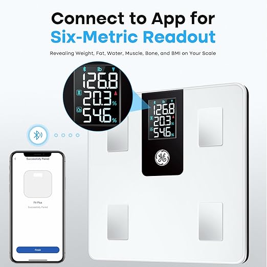 GE Smart Body Fat Scale: with BMI for Body Weight and Fat Percentage Composition Digital Bathroom Weight Scale Bluetooth with Large LCD Display Accurate Weighing 396lbs White