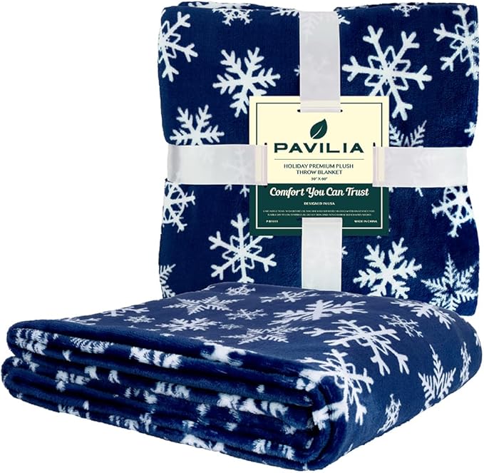 PAVILIA Christmas Throw Blanket | Navy Snowflake Christmas Fleece Blanket | Soft, Plush, Warm Winter Cabin Throw, 50x60 (Navy/White Snowflake)