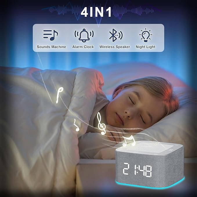 Sound Machine Alarm Clock for Baby Adult, 32 Soothing Sounds White Noise Machine, Night Lights Bluetooth Speaker, APP Control Noise Machine with Dimmable Clock for Kids Teens