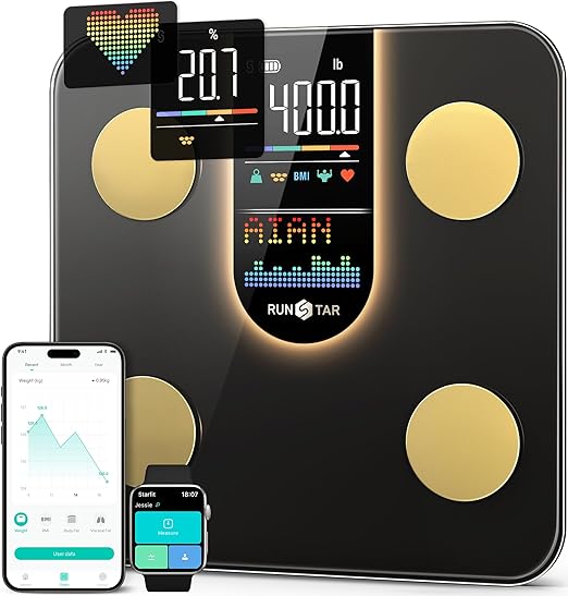 Runstar Scale for Body Weight, Smart Scale with 8-in-1 VA Display, High Precision Bathroom Digital Scale for Body Weight Heart Rate BMI Body Fat 22 Body Composition Sync APP, FSA HSA Eligible