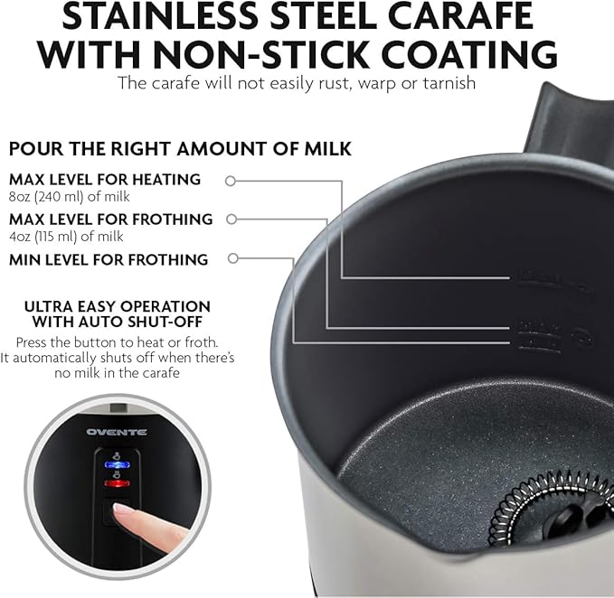 Ovente Electric Stainless Steel Milk Frother and Steamer, Portable Non Stick Milk Warmer Auto Shut-Off Function Hot and Cold Foam Perfect for Coffee Latte Cappuccino Hot Chocolate, Black FR1208B