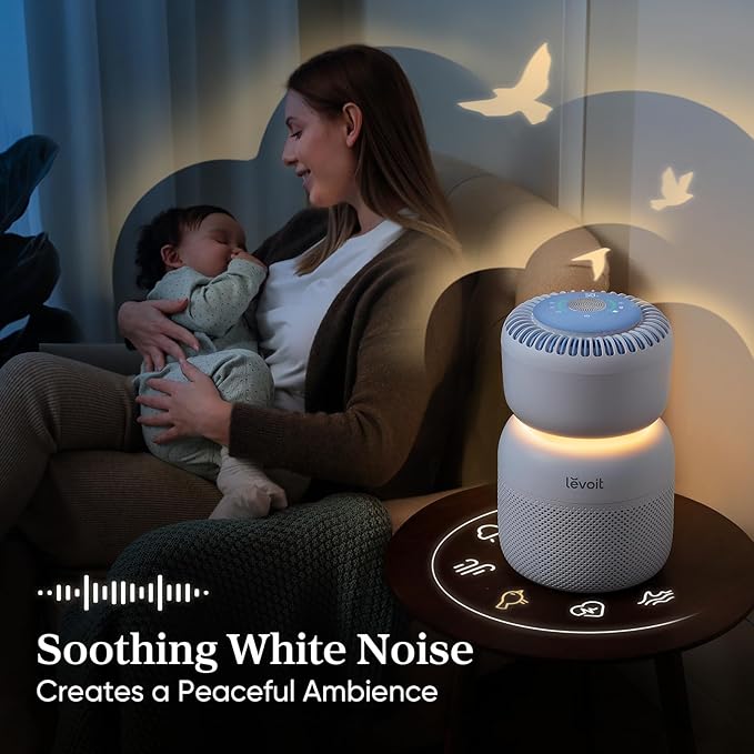 LEVOIT Air Purifier for Baby with White Noise Sound Machine and Blue-Light-Free Night Light in Home Bedroom, HEPA Filter with 5 Air Quality Monitor, Removes Ultrafine Particles, Smart WiFi, Sprout