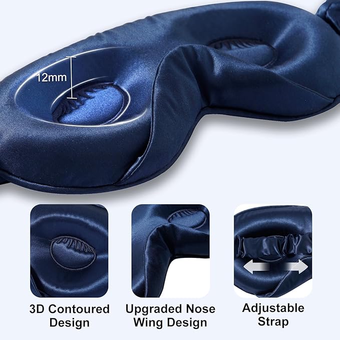ZIMASILK Adjustable 22 Momme 100% Mulberry Silk Sleep Mask, Upgraded 3D Contoured Cup Eye Mask for Sleeping, Super Soft & Breathable Blindfold, Blackout for Deep Sleeping (Navy Blue)