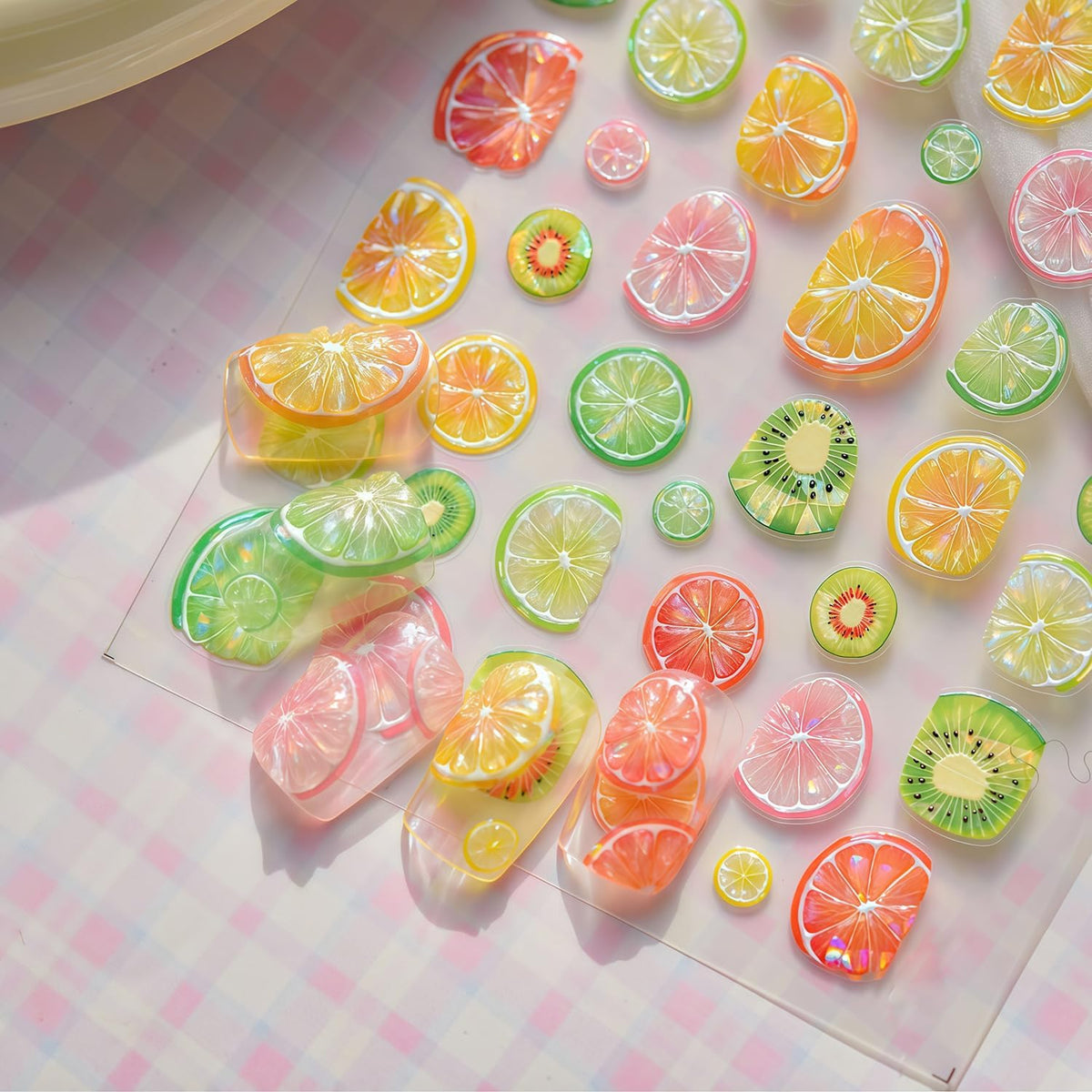 Summer Nail Art Stickers Fruits Nail Sticker 3D Self-Adhesive Shiny Lemon and Cherry Design Nail Decals DIY Salon Acrylic Nail Art Decoration Accessories for Women Vacation Nails