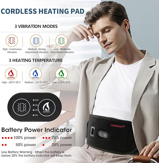CUEHEAT Heated Waist Belt, Cordless Heating Pad for Low Back, Electrical Heating and Massage, Rechargeable Battery Powered (Black, 53 inches)