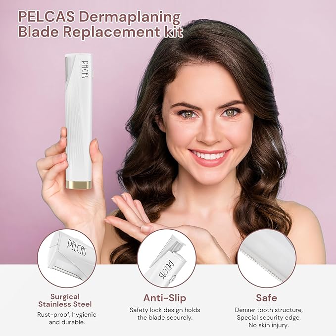 PELCAS Dermaplaning Blade Replacement Set, 8 PCS Dermaplaning Razors for Women Facial Peach Fuzz & Hair Removal System SPA at Home Only Fit with PELCAS Dermaplaning Tool BV18-712 -Device Not Included