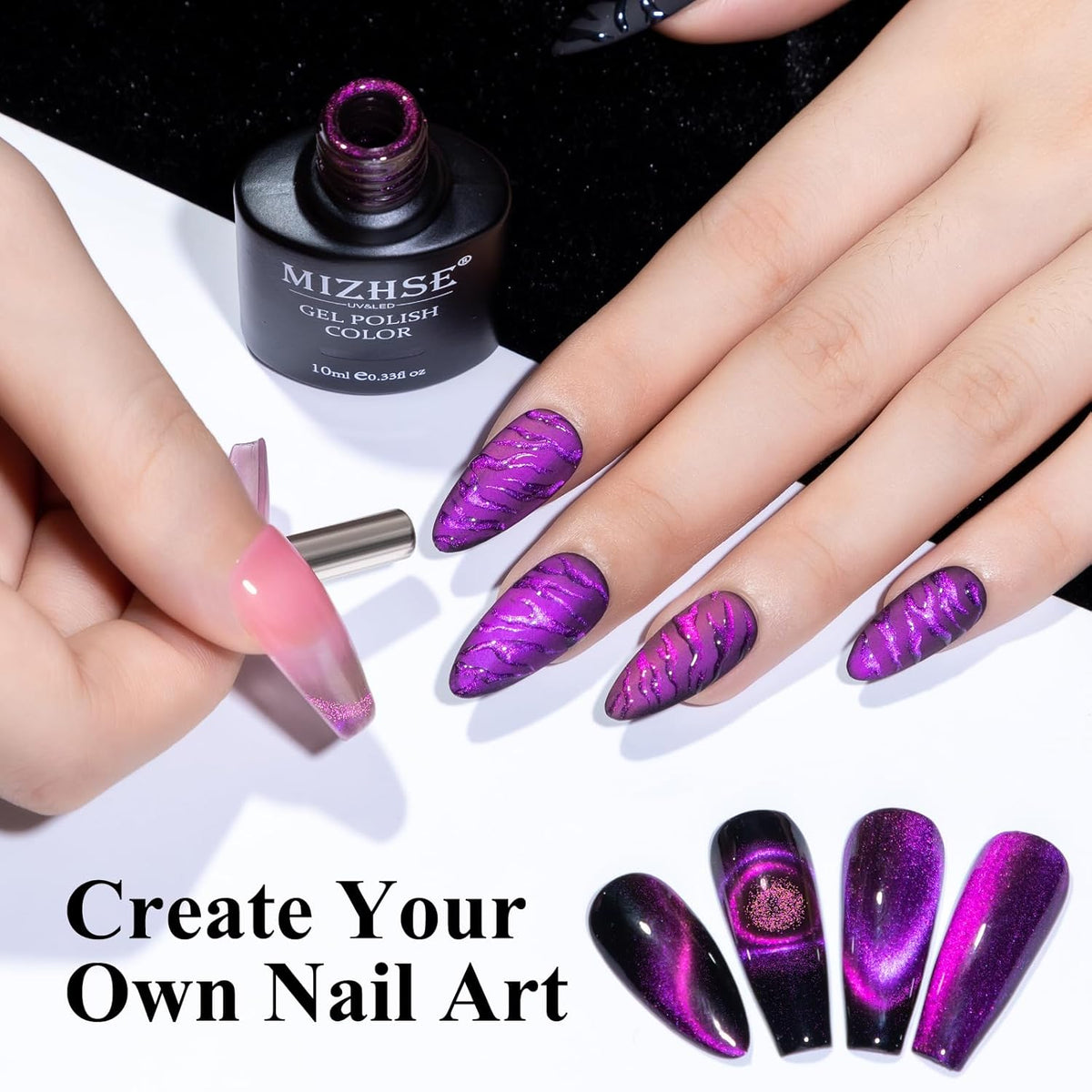 MIZHSE 9D Cat Eye Gel Nail Polish, Rose Red Magnetic Gel Polish with Magnet Stick, Magic Shimmer Galaxy Effect Holographic Glitter Silky Cat Eye Nail Polish Soak Off Nail Art Salon Manicure at Home