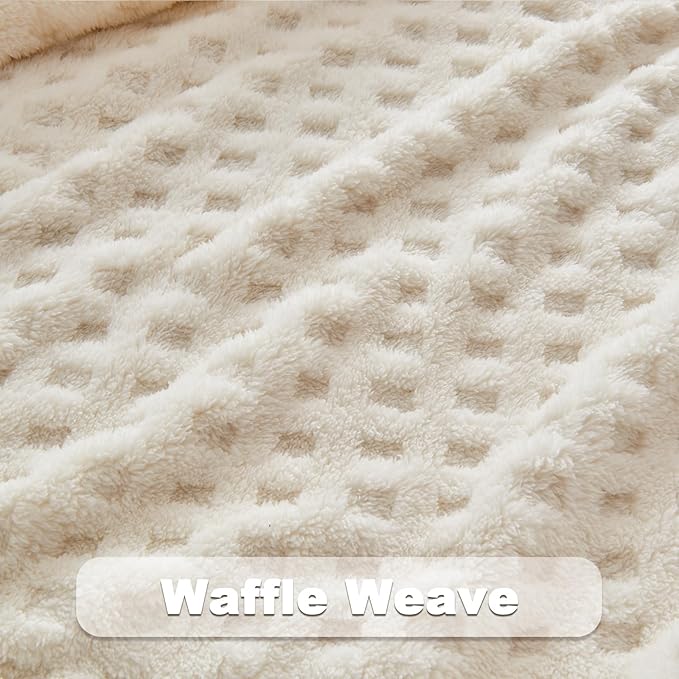NEWCOSPLAY Super Soft Queen Blanket Ivory Premium Silky Flannel Fleece 3D Waffle Checkered Lightweight Bed Blanket All Season Use (Ivory, Queen(90"x90"))