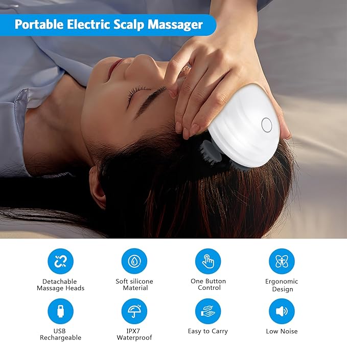 AMIR Electric Cordless Hair Scalp Massager, IPX7 Waterproof Portable Head Scratcher Massager with Kneading 96 Nodes, 5 Kneading Modes, for Hair Growth and Stress Relax, Gifts for Men Women