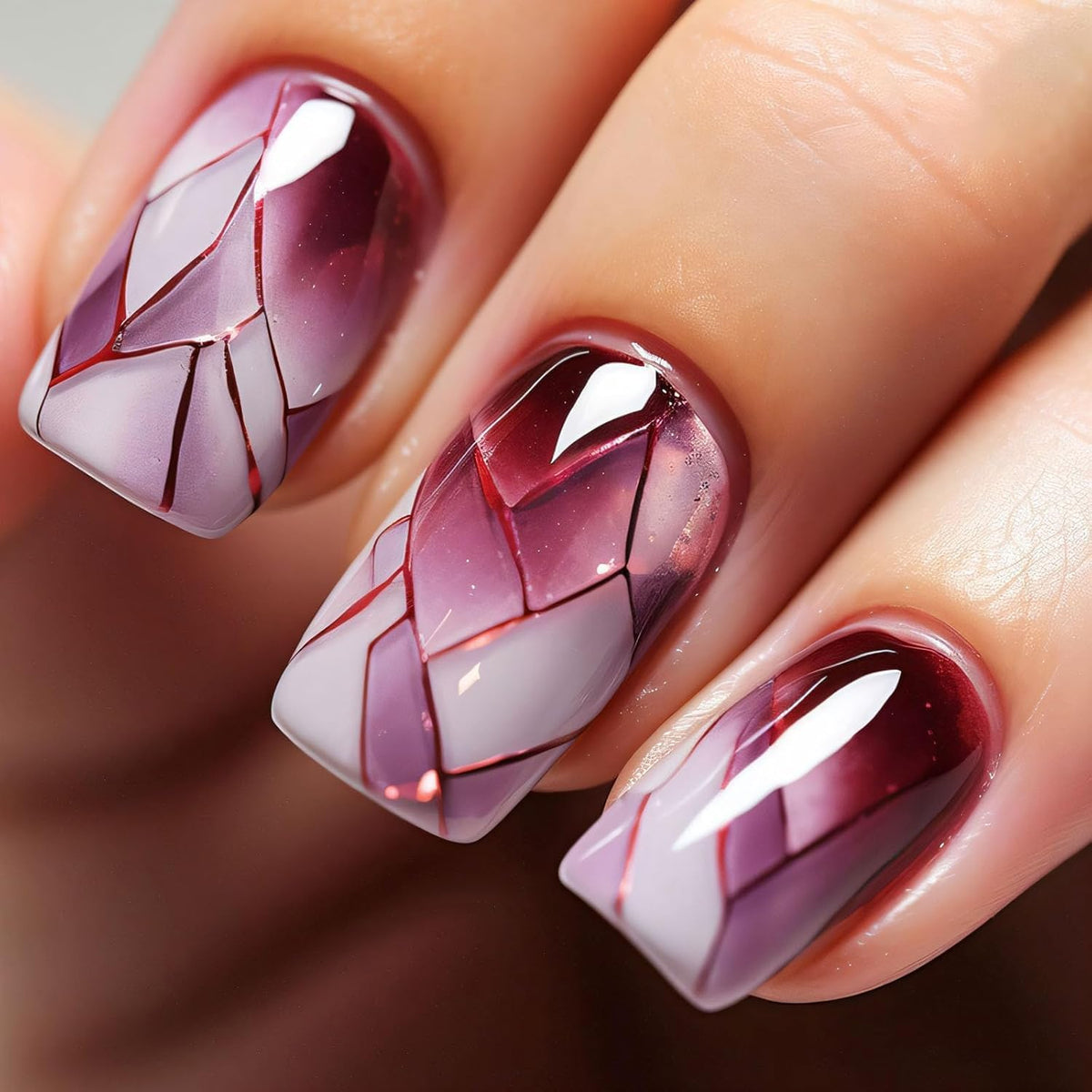 Semi Cured Gel Nail Strips with Red Broken Glass Pattern Designs Gel Nail Strips Glossy Stickers Salon Quality & Easy to Use for Women 20 Pcs