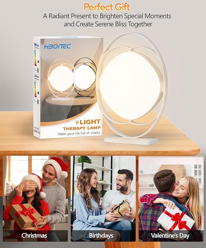 HIBOITEC Light Therapy Lamp - 10000 Lux UV-Free Sun Light With 3 Color Temperature, 5 Adjustable Brightness, Timer & Memory Function - Happy Mood Light for Office Home, White
