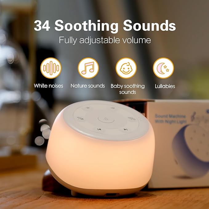 White Noise Machine with 7 Color Night Light and 34 Sleep Aid Sounds for Soothing Emotions, Promoting Sleep, Sound Machine with Timer Adjustable Brightness for Baby Kids Adults（C）