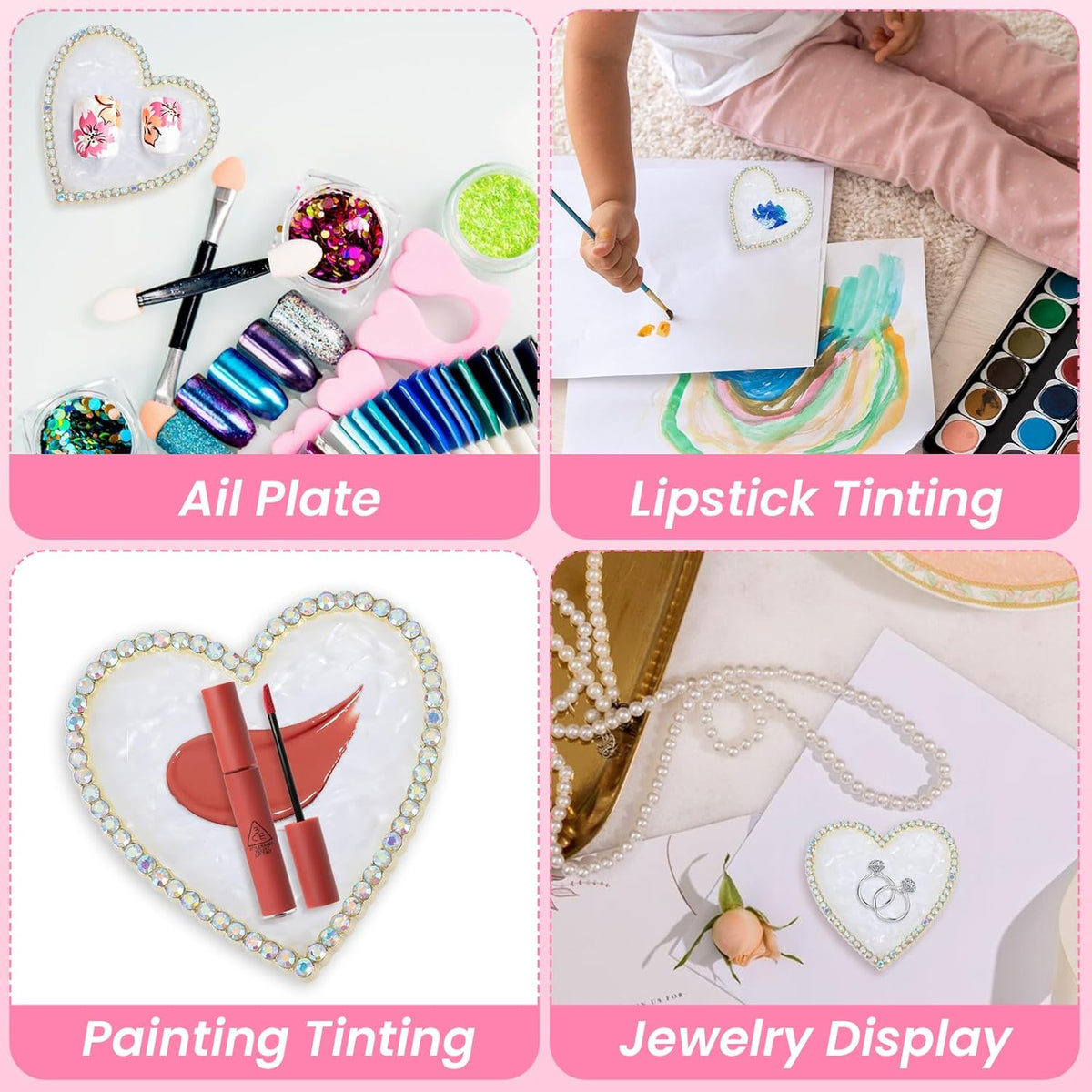 Sibba Resin Nail Art Palette, Golden Edge Nail Mixing Palette with Diamond, Polish Color Mixing Plate, Nail Holder Display Board, Heart Shape Cosmetic Mixing Tools for Women and Girls(White)