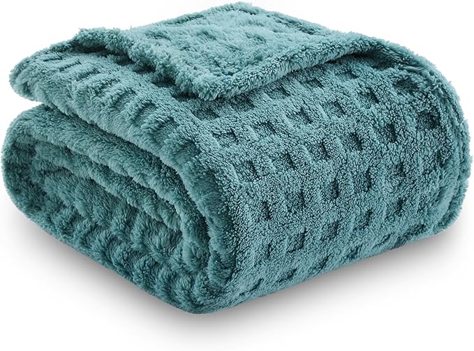 NEWCOSPLAY Super Soft Throw Blanket Teal Premium Silky Flannel Fleece 3D Waffle Checkered Lightweight Bed Blanket All Season Use (Light Teal, Throw(50"x70"))