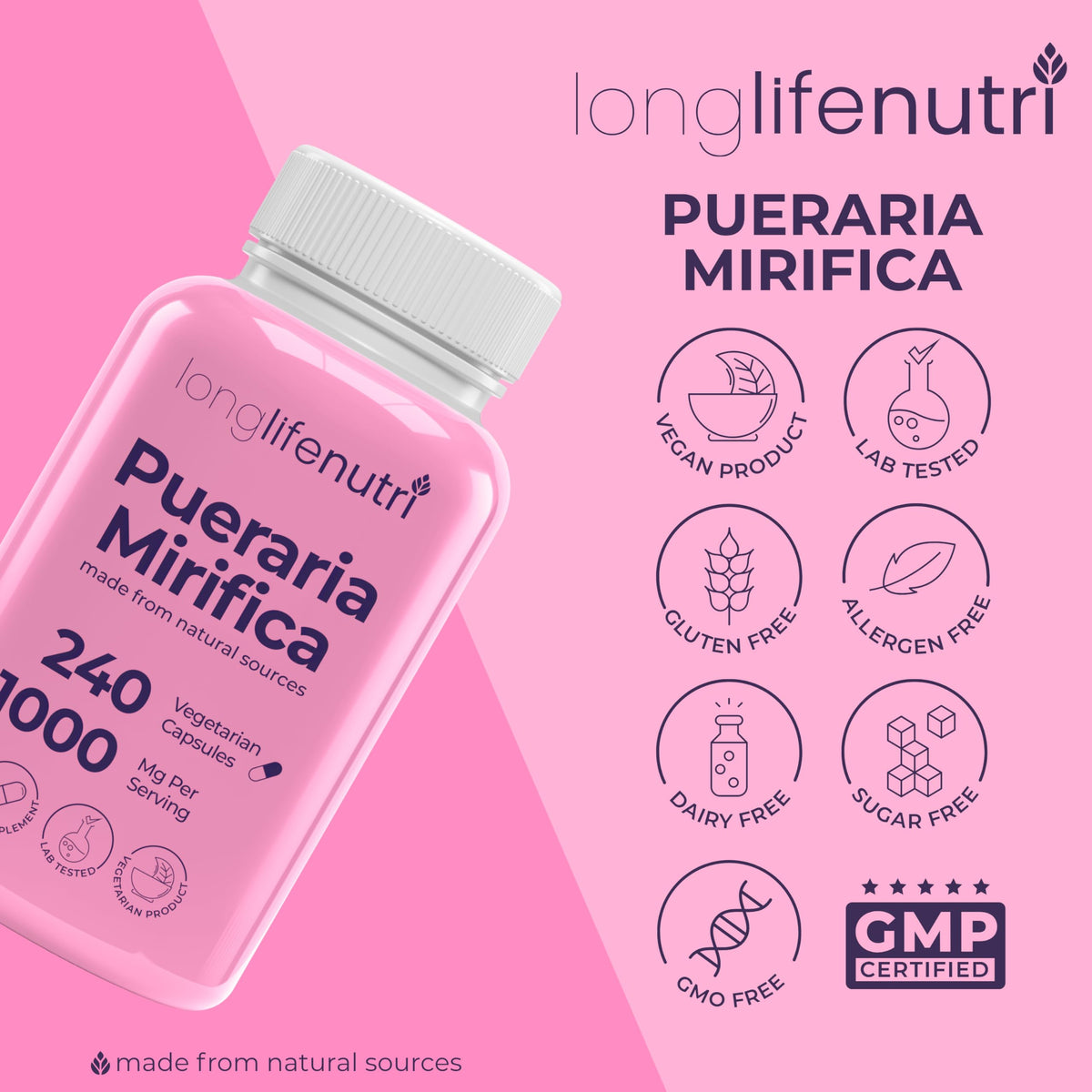 LongLifeNutri Pueraria Mirifica Root Extract – 240 Vegetarian Capsules, 1000 mg per Serving, 4-Month Supply, Made in USA (240)