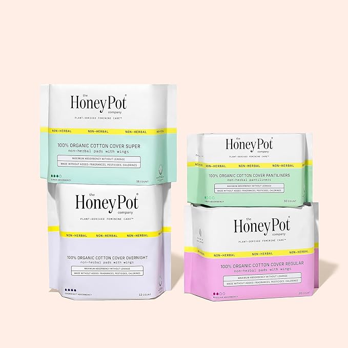 The Honey Pot Company - Sanitary Pads for Women - Non-Herbal Overnight w/Wings - Organic Cotton Cover, & Ultra-Absorbent Pulp Core - Feminine Care - FSA & HSA Eligible - 12 ct