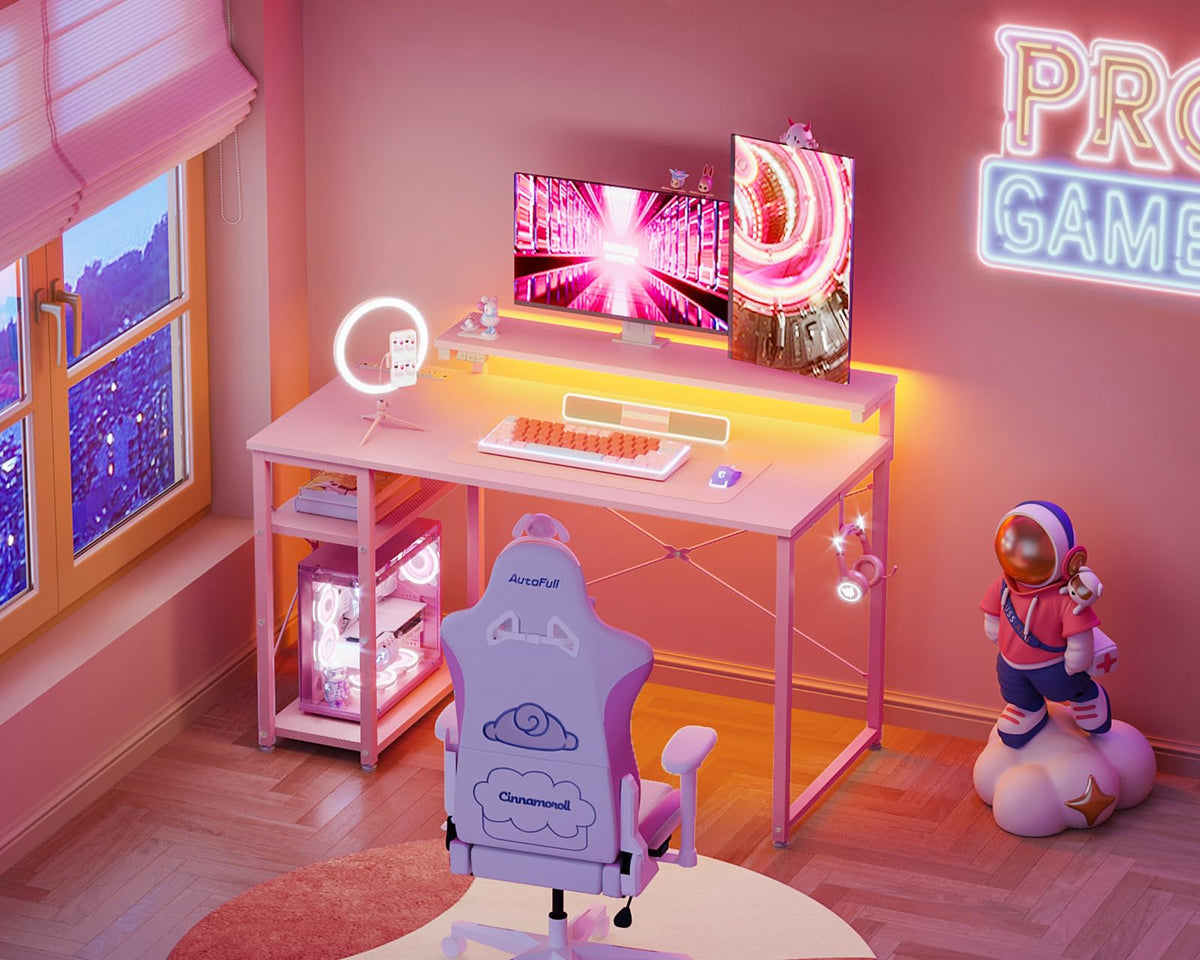 MOTPK Gaming Desk with Led Lights & Power Outlet, 40 Inch Small Gaming Computer Desk with Shelves, Reversible Gamer Desk with Adjustable Monitor Stand & Headphone Hook, Carbon Fiber Texture Pink