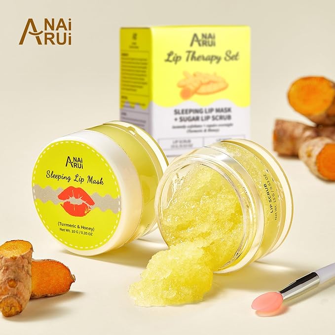 ANAI RUI 2 Lip Care Kits with Turmeric Lip Mask Set & Graperfruit Lip Treatmen Set for Dark Lips, Hydrating & PlumpIng Lips