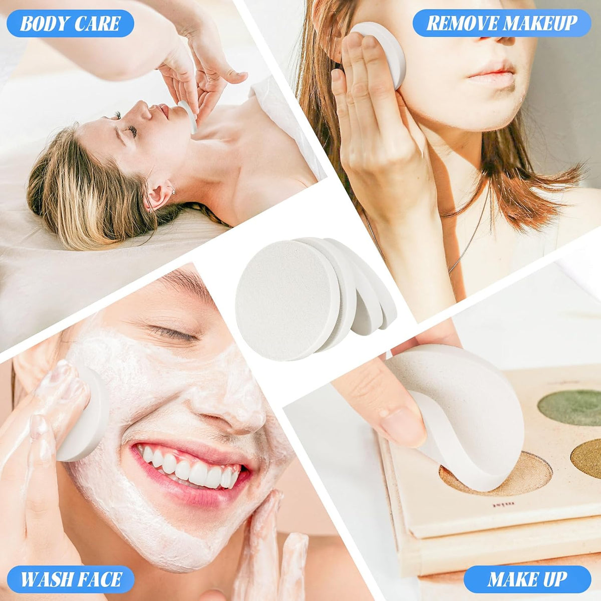 MotBach 60 PCS White Round Makeup Sponge, Cosmetic Sponge Round Foam Pad Eye Facial Powder Puff, Beauty Makeup Foundation Powder Blender for Women Lady All Skin Types Wet and Dry Dual Use