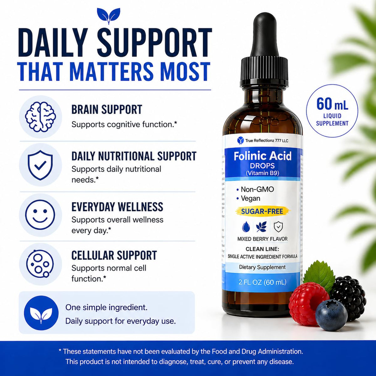 True reflectionz Folinic Acid Drops Kids & Adults - 500mcg Vitamin B9 Liquid Kids 60 mL | Methylation Support Supplement | Bioavailable Folate | Sugar Free, Non-GMO, Vegan | Gentle Methylation