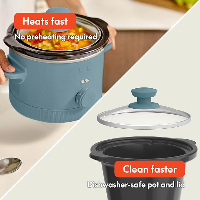 bella 1.5 Qt Slow Cooker with 3 Heat Manual Control, EverGood™ Ceramic Nonstick Coating, Dishwasher Safe Stoneware Pot and Tempered Glass Lid, Tangle Free Cord Wrap & Cool Touch Handles, Surf