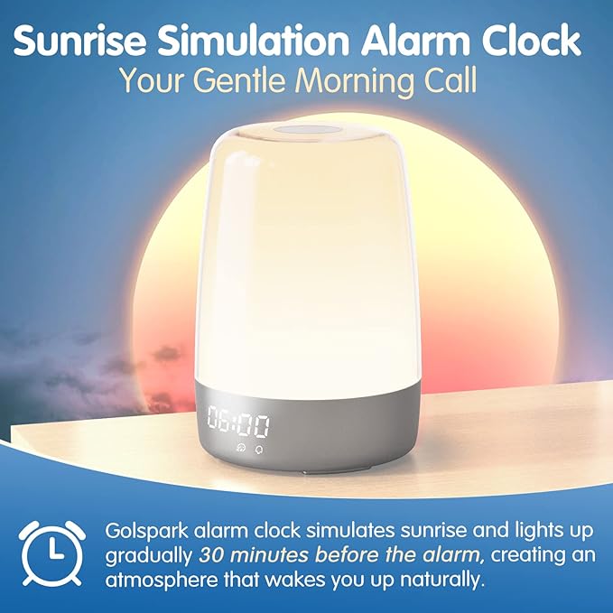 Sunrise Simulation Alarm Clock Wake Up Light for Heavy Sleepers Adults, Golspark Dimmable Sun Lamp Kid Bedroom Nursery Bedside Night Light Sleep Aid, 7 RGB Lights, 7 Natural Sound Alarms, Snooze Timer